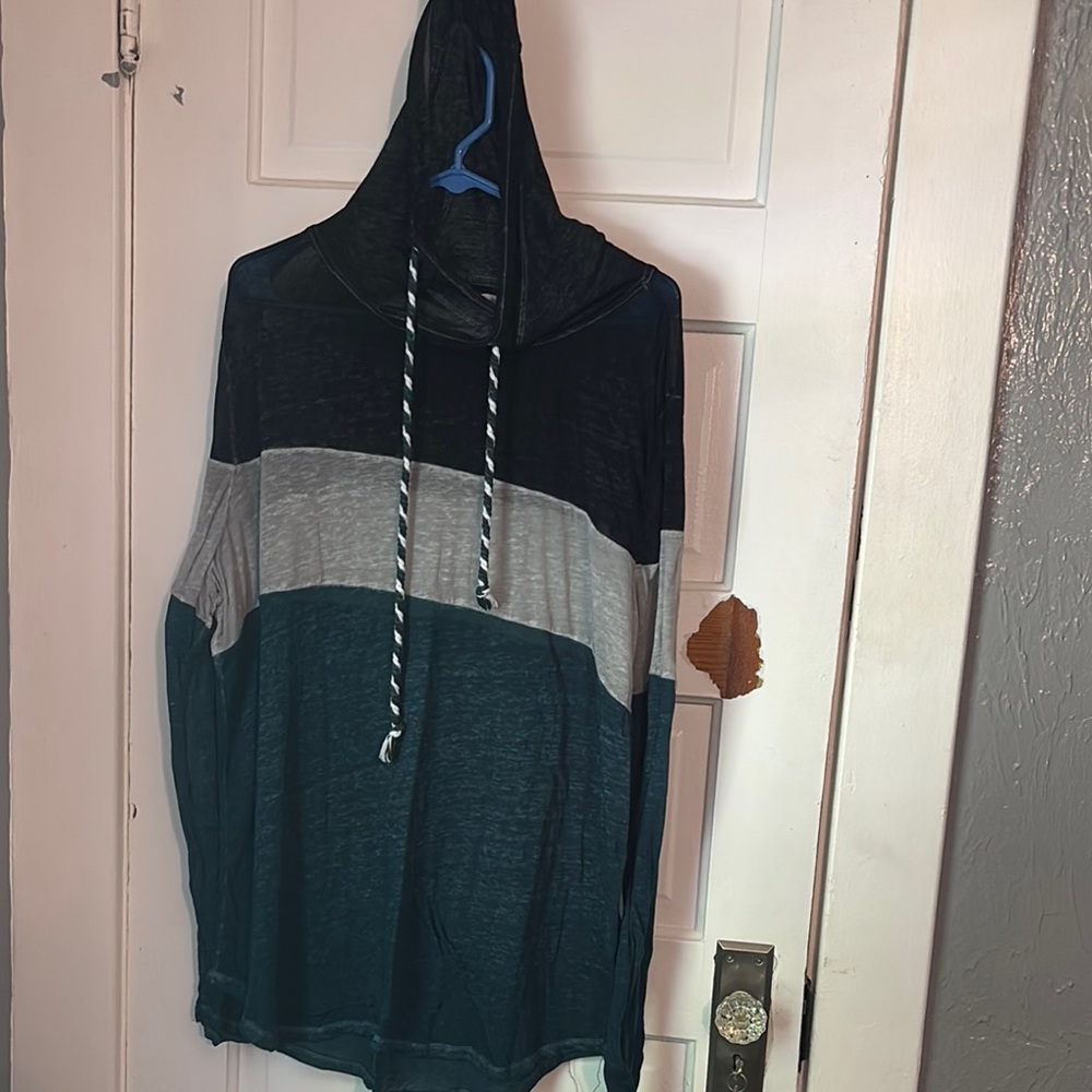 Maurices Teal and Gray Striped Hoodie